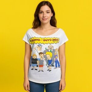 BEAVIS AND BUTTHEAD Vtg 90s MTV OOAK Off Shoulder Cut Fitted Women's Tee Shirt L